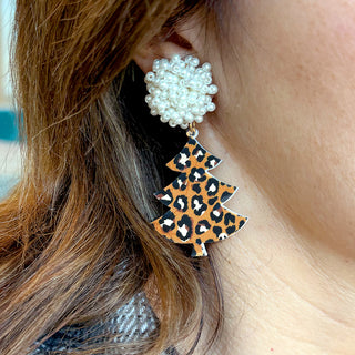 Leopard Christmas Tree Earrings Pearl Holiday Statement Jewelry #ACE-491PRL-TREE-LPRD23
