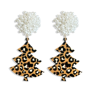 Leopard Christmas Tree Earrings Pearl Holiday Statement Jewelry #ACE-491PRL-TREE-LPRD23 - Dangle Earrings