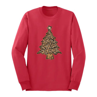 Leopard Christmas Tree Long Sleeve Shirt Holiday Graphic Tee #HPLS-LPRDTREE23 - Red / Small - Screen Printed T-Shirt