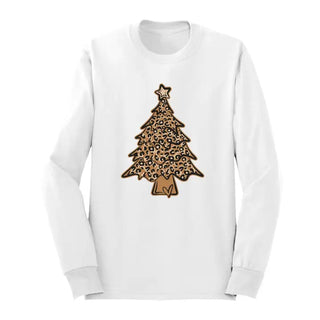 Leopard Christmas Tree Long Sleeve Shirt Holiday Graphic Tee #HPLS-LPRDTREE23 - White / Small - Screen Printed T-Shirt