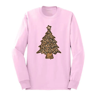 Leopard Christmas Tree Long Sleeve Shirt Holiday Graphic Tee #HPLS-LPRDTREE23 - Light Pink / Small - Screen Printed