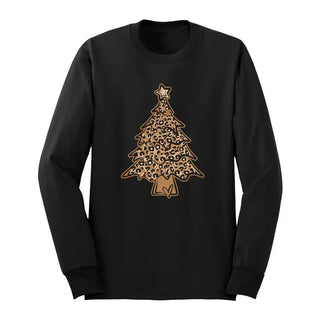 Leopard Christmas Tree Long Sleeve Shirt Holiday Graphic Tee #HPLS-LPRDTREE23 - Black / Small - Screen Printed T-Shirt