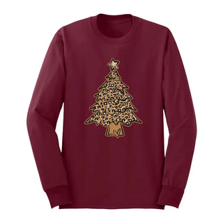 Leopard Christmas Tree Long Sleeve Shirt Holiday Graphic Tee #HPLS-LPRDTREE23 - Garnet / Small - Screen Printed T-Shirt