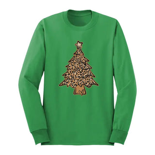 Leopard Christmas Tree Long Sleeve Shirt Holiday Graphic Tee #HPLS-LPRDTREE23 - Kelly Green / Small - Screen Printed