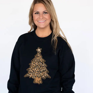 Leopard Christmas Tree Sweatshirt Festive Holiday Cozy Pullover #HPSW-LPRDTREE23 - Graphic Sweatshirt - Women’s