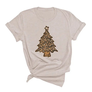 Leopard Christmas Tree T Shirt Holiday Animal Print Festive Tee #HPTS-LPRDTREE23 - T-Shirt (Graphic) - Women’s