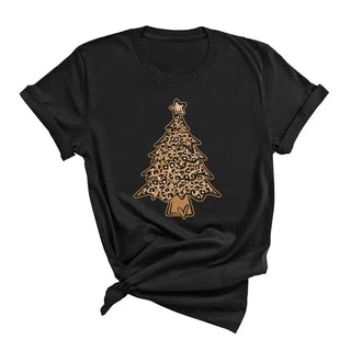 Leopard Christmas Tree T Shirt Holiday Animal Print Festive Tee #HPTS-LPRDTREE23 - T-Shirt (Graphic) - Women’s