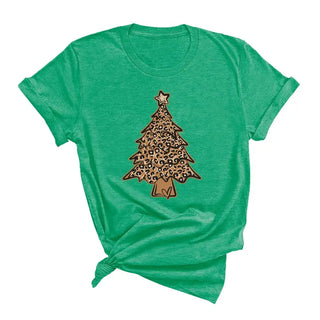 Leopard Christmas Tree T Shirt Holiday Animal Print Festive Tee #HPTS-LPRDTREE23 - T-Shirt (Graphic) - Women’s