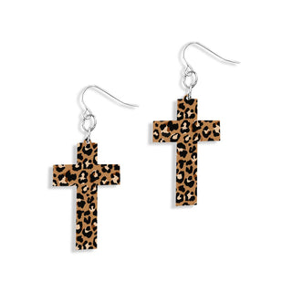 Leopard Cross Earrings Christian Faith Easter Church Jewelry Gift #ACE-300SV-CROSS-LPRD23 - Dangle Earrings