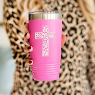 Leopard Cross Tumbler Pink 20oz Insulated Cup Christian Women Gift #TWB20-LPRDCRS-PK - Insulated Mug/Tumbler