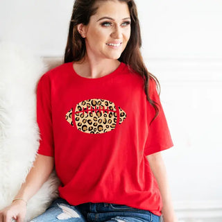 Leopard Football T Shirt Game Day Animal Print Fan Graphic Tee #HPTS-LPRDFB - Screen Printed T-Shirt - Women’s