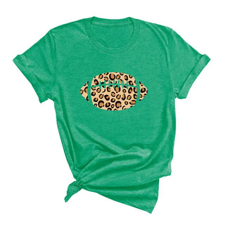 Leopard Football T Shirt Game Day Animal Print Fan Graphic Tee #HPTS-LPRDFB - Heather Kelly Green / Large - Screen