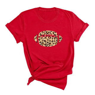 Leopard Football T Shirt Game Day Animal Print Fan Graphic Tee #HPTS-LPRDFB - Red / Large - Screen Printed T-Shirt