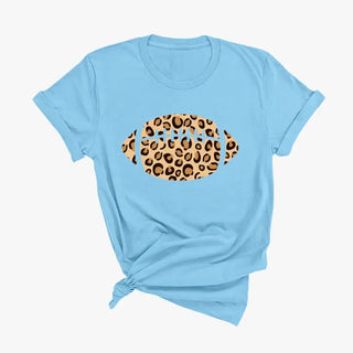 Leopard Football T Shirt Game Day Animal Print Fan Graphic Tee #HPTS-LPRDFB - Ocean Blue / Large - Screen Printed