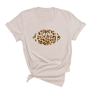 Leopard Football T Shirt Game Day Animal Print Fan Graphic Tee #HPTS-LPRDFB - Heather Natural / Large - Screen Printed