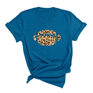 Leopard Football T Shirt Game Day Animal Print Fan Graphic Tee #HPTS-LPRDFB - Deep Teal / Large - Screen Printed