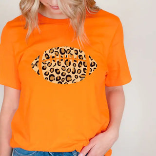 Leopard Football T Shirt Game Day Animal Print Fan Graphic Tee #HPTS-LPRDFB - Screen Printed T-Shirt - Women’s