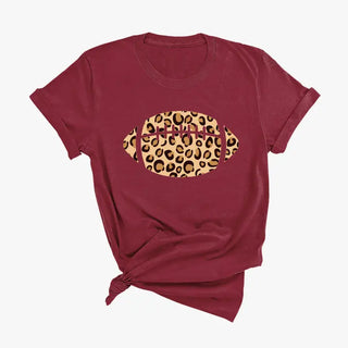 Leopard Football T Shirt Game Day Animal Print Fan Graphic Tee #HPTS-LPRDFB - Garnet / Large - Screen Printed T-Shirt