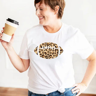 Leopard Football T Shirt Game Day Animal Print Fan Graphic Tee #HPTS-LPRDFB - Screen Printed T-Shirt - Women’s