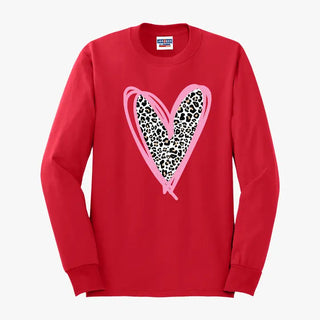 Leopard Heart Long Sleeve Shirt Cute Animal Print Graphic Tee #HPLS-RED-LPRDHRT23 - T-Shirt (Graphic) - Women’s