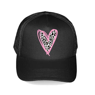 Leopard Heart Trucker Hat Animal Print Mesh Cap for Women #L197-SMLPRDHRT23 - Black - Trucker Hat - Women’s