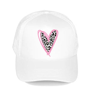Leopard Heart Trucker Hat Animal Print Mesh Cap for Women #L197-SMLPRDHRT23 - White - Trucker Hat - Women’s