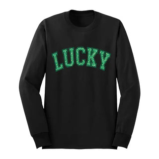 Leopard Lucky Long Sleeve Shirt St Patricks Day Graphic Tee #HPLS-LPRDLUCK24 - Black / Large - T-Shirt (Graphic)