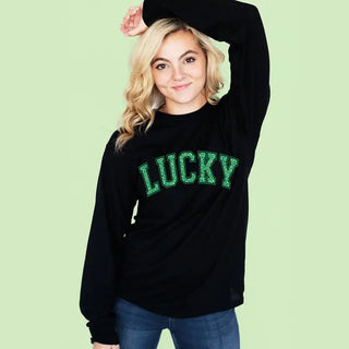 Leopard Lucky Long Sleeve Shirt St Patricks Day Graphic Tee #HPLS-LPRDLUCK24 - T-Shirt (Graphic) - Women’s