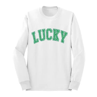 Leopard Lucky Long Sleeve Shirt St Patricks Day Graphic Tee #HPLS-LPRDLUCK24 - White / Large - T-Shirt (Graphic)