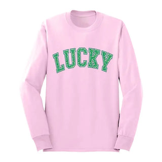 Leopard Lucky Long Sleeve Shirt St Patricks Day Graphic Tee #HPLS-LPRDLUCK24 - Light Pink / Large - T-Shirt (Graphic)