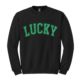 Leopard Lucky Sweatshirt Cute St Patricks Day Cozy Pullover #HPSW-LPRDLUCK24 - Black / Large - Graphic Sweatshirt