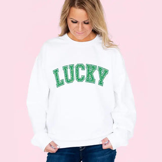 Leopard Lucky Sweatshirt Cute St Patricks Day Cozy Pullover #HPSW-LPRDLUCK24 - Graphic Sweatshirt - Women’s