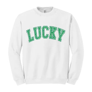 Leopard Lucky Sweatshirt Cute St Patricks Day Cozy Pullover #HPSW-LPRDLUCK24 - White / Large - Graphic Sweatshirt