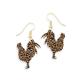 Leopard Rooster Earrings Farmhouse Chicken Country Statement Jewelry #ACE-300GD-ROOST-LPRD23 - Dangle Earrings