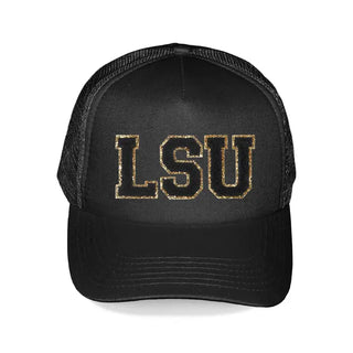 LSU Varsity Patch Trucker Hat Purple Gold Mesh Game Day Cap #HP197-BLK-PBLKLSU - Black/Black - Trucker Hat - Women’s