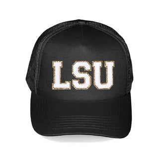 LSU Varsity Patch Trucker Hat Purple Gold Mesh Game Day Cap #HP197-BLK-PBLKLSU - Black/Creme - Trucker Hat - Women’s