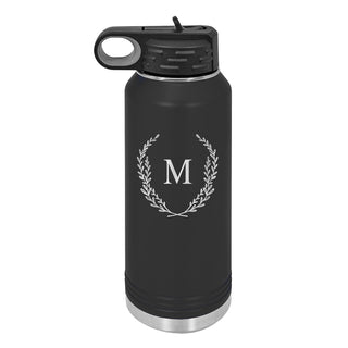 Water Bottle with Wreath Single Initial Design