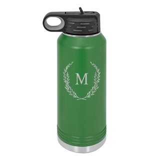 Water Bottle with Wreath Single Initial Design
