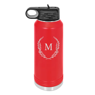 Water Bottle with Wreath Single Initial Design