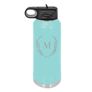 Water Bottle with Wreath Single Initial Design