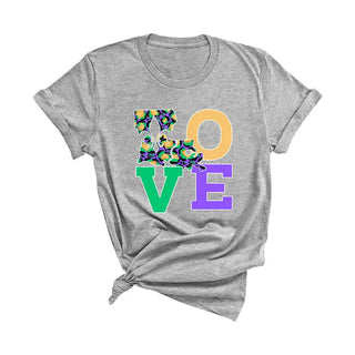 Mardi Gras Love T Shirt Carnival Beads Parade Graphic Tee #HPTS-MGLV - Grey / Small - T-Shirt (Graphic) - Women’s