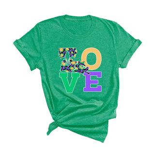 Mardi Gras Love T Shirt Carnival Beads Parade Graphic Tee #HPTS-MGLV - Heather Kelly Green / Small - T-Shirt (Graphic)