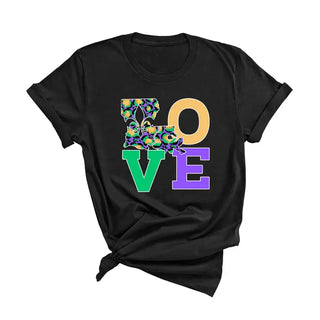 Mardi Gras Love T Shirt Carnival Beads Parade Graphic Tee #HPTS-MGLV - Black / Small - T-Shirt (Graphic) - Women’s