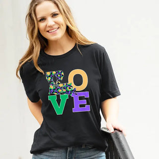 Mardi Gras Love T Shirt Carnival Beads Parade Graphic Tee #HPTS-MGLV - T-Shirt (Graphic) - Women’s
