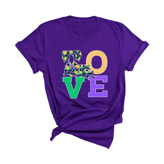 Mardi Gras Love T Shirt Carnival Beads Parade Graphic Tee #HPTS-MGLV - Purple / Small - T-Shirt (Graphic) - Women’s