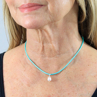 Mint Leatherette Choker Necklace with Pearl Charm #ACN2671MINT-PEARL - Pendant/Charm Necklace