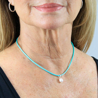 Mint Leatherette Choker Necklace with Pearl Charm #ACN2671MINT-PEARL - Pendant/Charm Necklace
