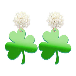 Mirrored Green Acrylic Shamrock Earrings #ACE-491PRL-SHAM-MRGRN - Dangle Earrings