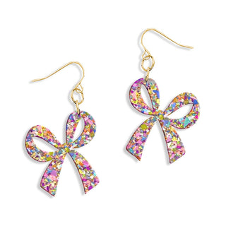 Multi Glitter Bow Earrings #ACE-300GD-BOW-MLTGLT - Dangle Earrings