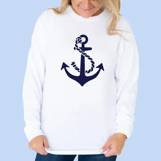 Navy Anchor Long Sleeve Shirt Coastal Nautical Graphic Tee #HPLS-WHT-NYANCH - Screen Printed T-Shirt - Women’s